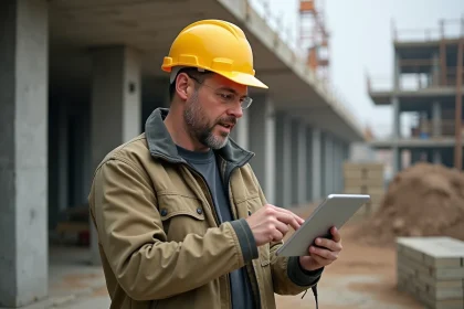 Chef de chantier consultant un logiciel de gestion sur tablette au milieu d'un chantier de construction actif