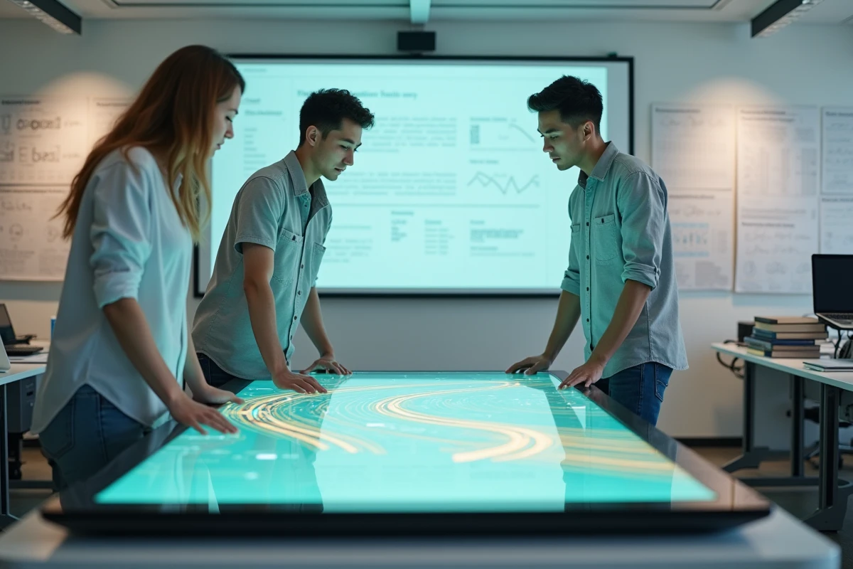 Deux chercheurs en intelligence artificielle étudiant un schéma interactif des couches d'attention du modèle transformer GPT dans un laboratoire universitaire