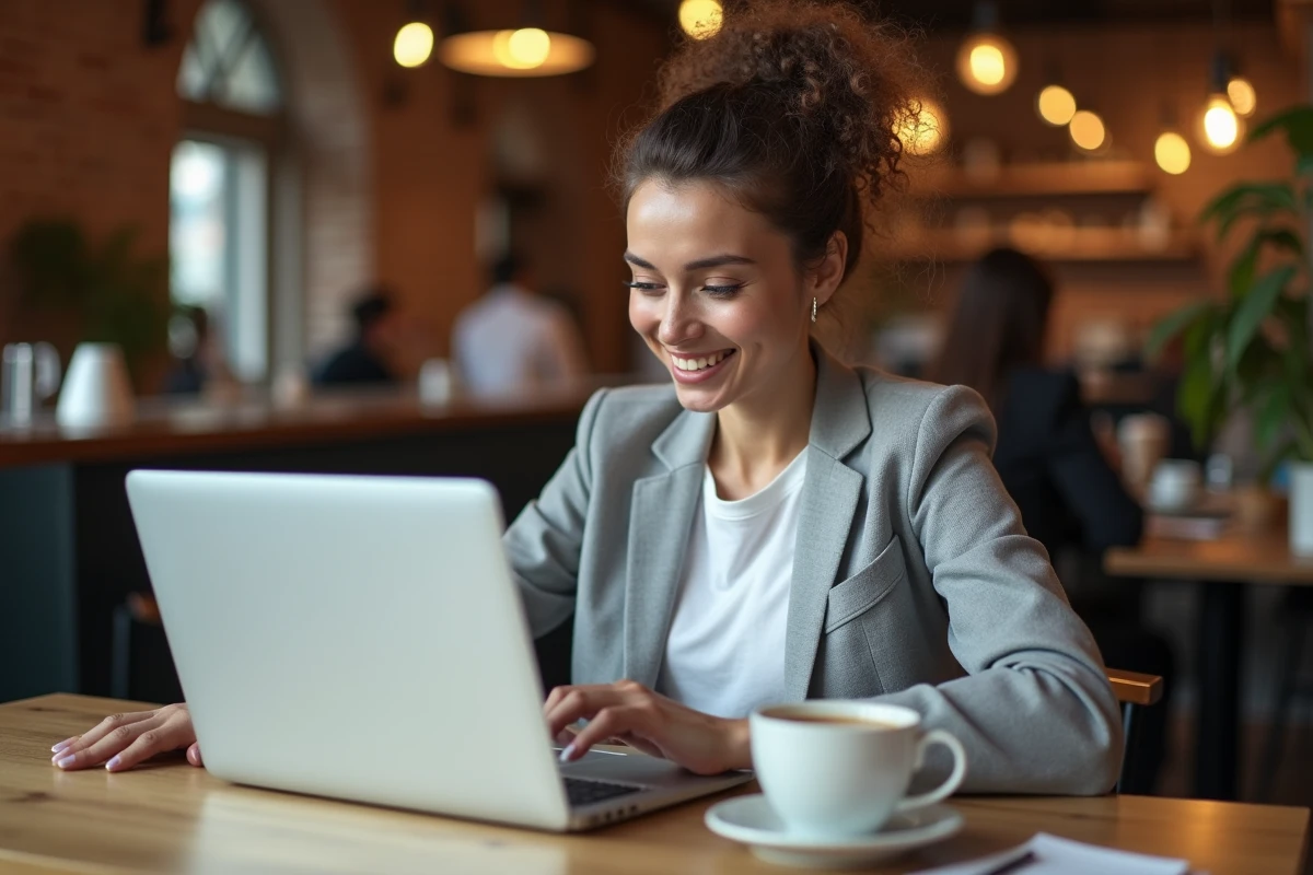 Chercheuse comparant les performances des grands modèles de langage dans un café urbain avec son ordinateur portable