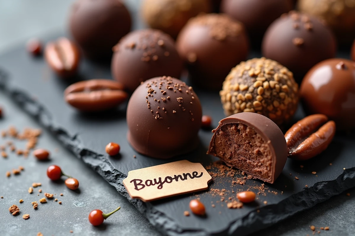 Assortiment de chocolats artisanaux basques de Bayonne présentés sur une ardoise avec des fèves de cacao et des piments d'Espelette séchés