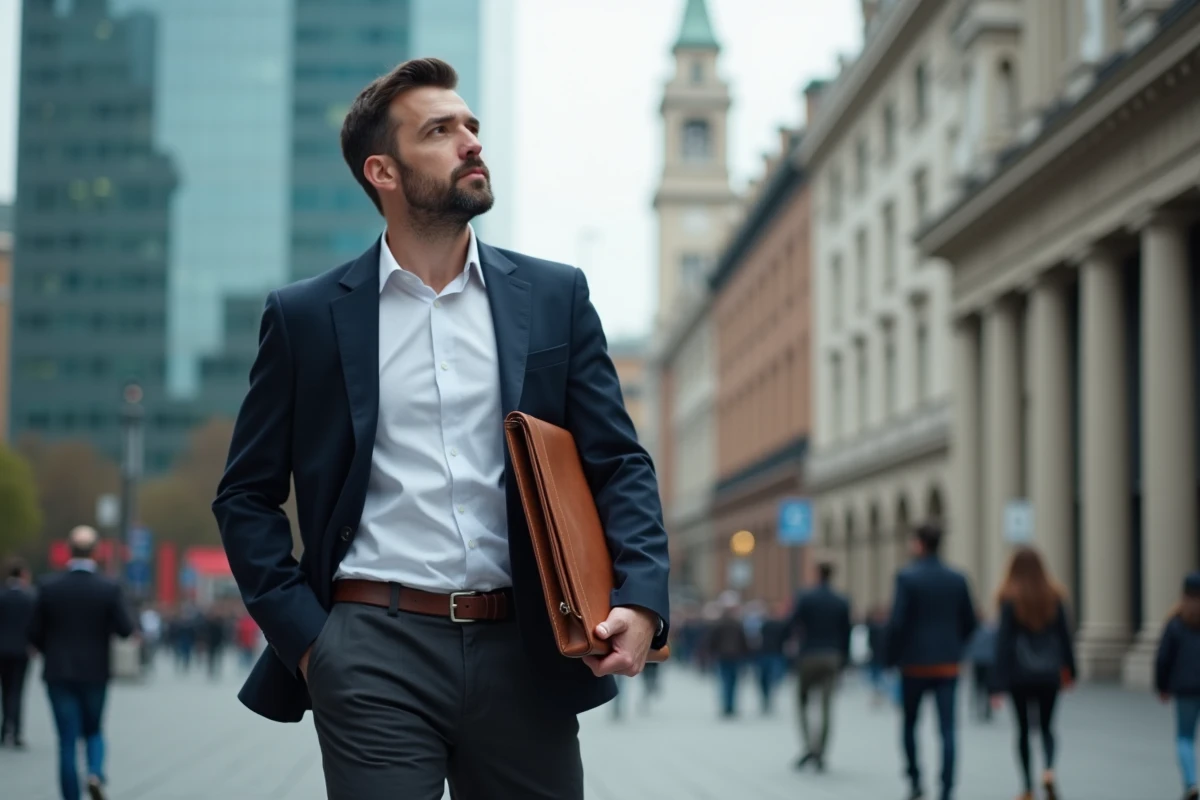 Homme actif en ville tenant un portfolio, symbolisant la liberté de choix de carrière