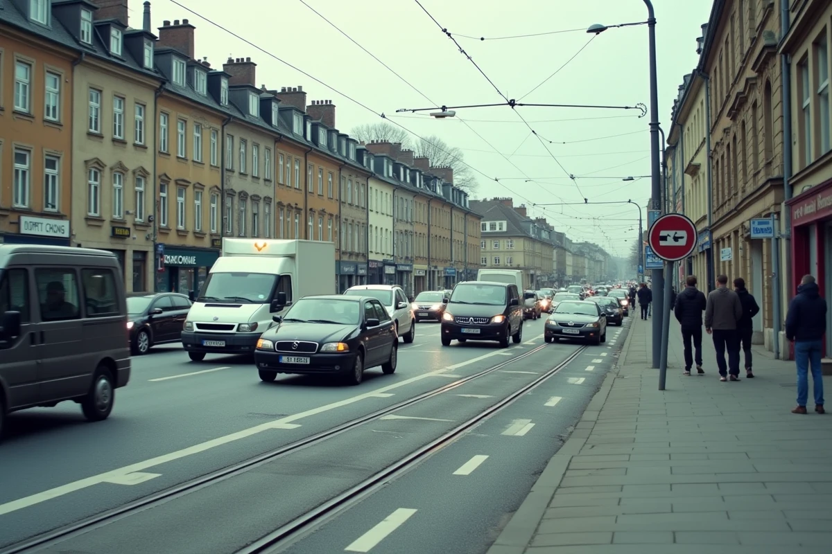 Circulation urbaine européenne avec des véhicules soumis aux normes antipollution Euro 3 à un carrefour de ville