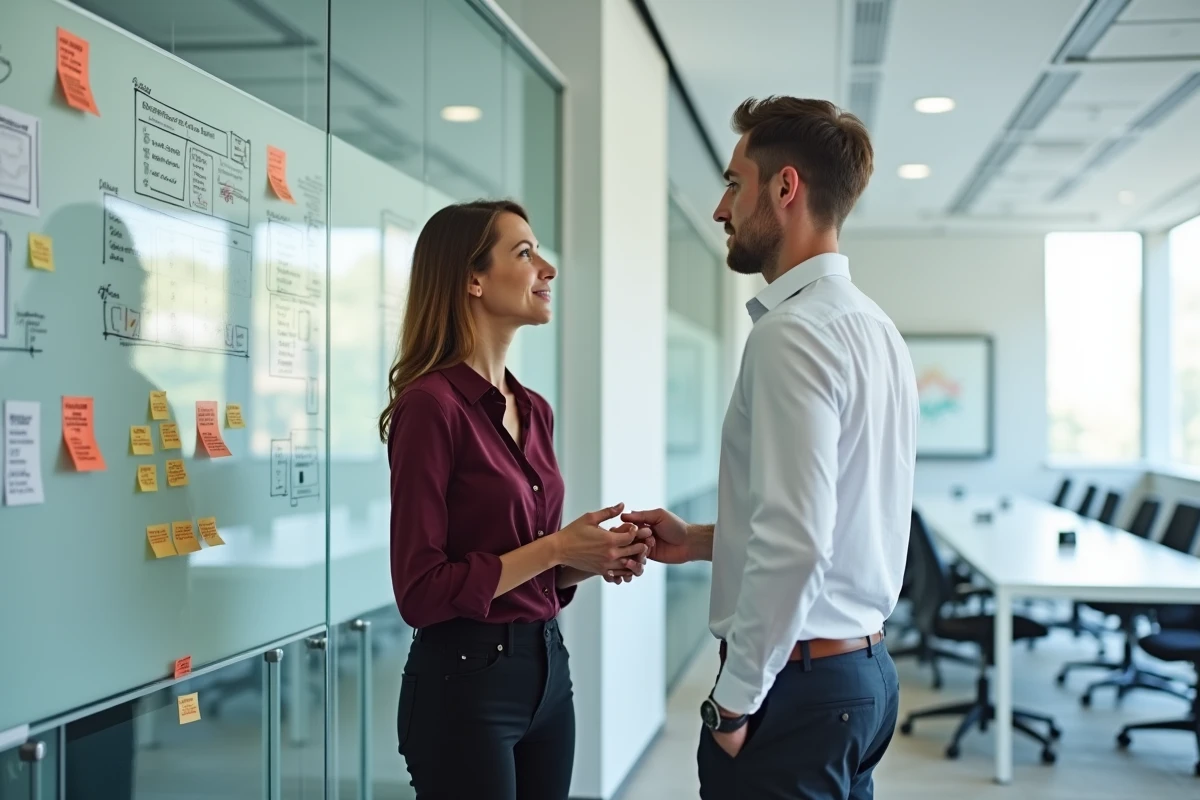 Deux collègues collaborant devant un tableau blanc avec des diagrammes d'éléments d'interface utilisateur dans un laboratoire UX moderne