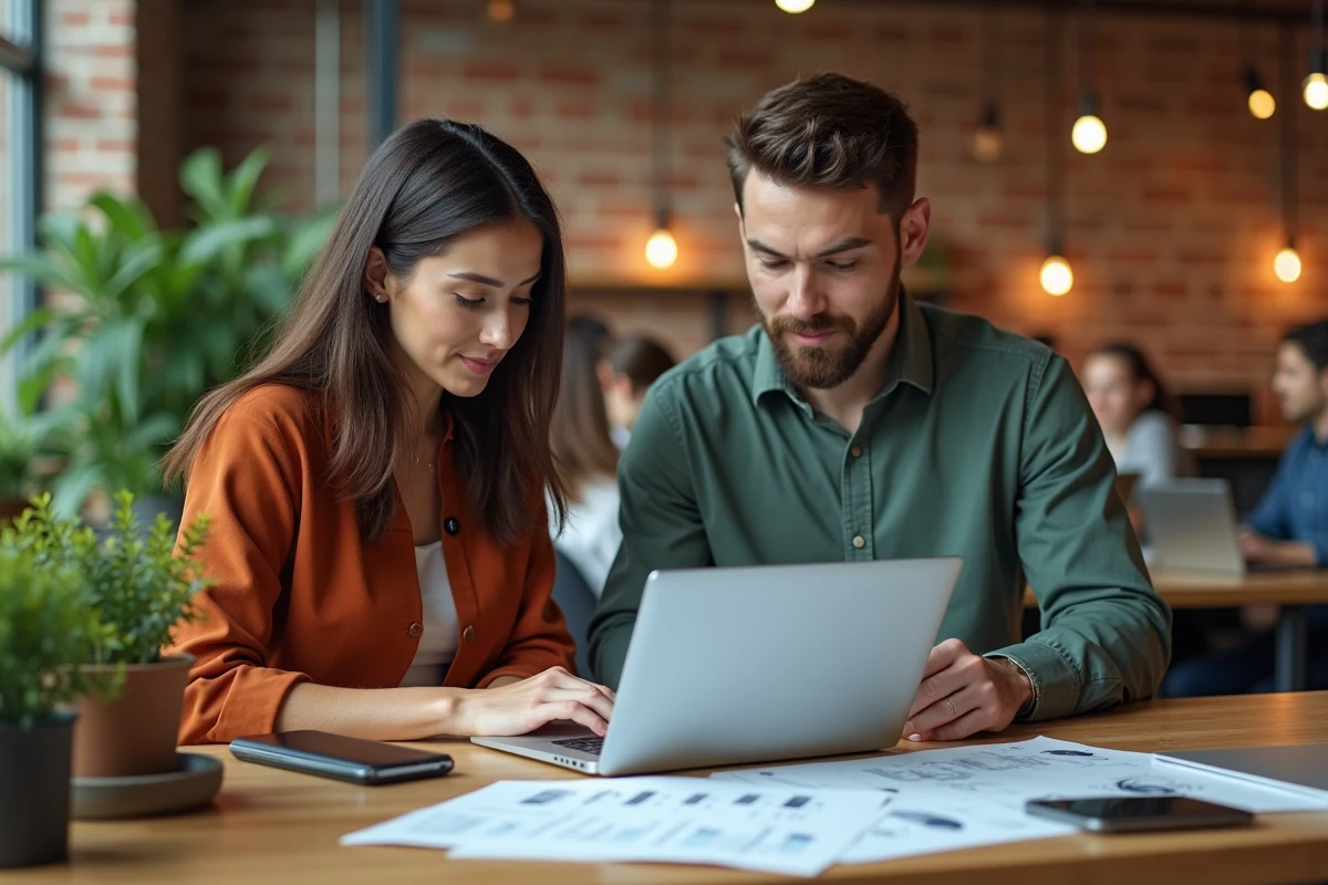 Deux professionnels en cybersécurité collaborant sur des schémas réseau dans un espace de coworking moderne