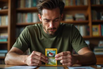 Collectionneur adulte examinant une carte Pokémon holographique précieuse dans son bureau à la maison