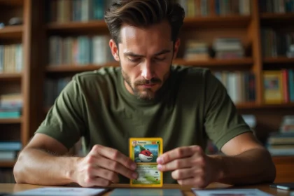 Collectionneur adulte examinant une carte Pokémon holographique précieuse dans son bureau à la maison