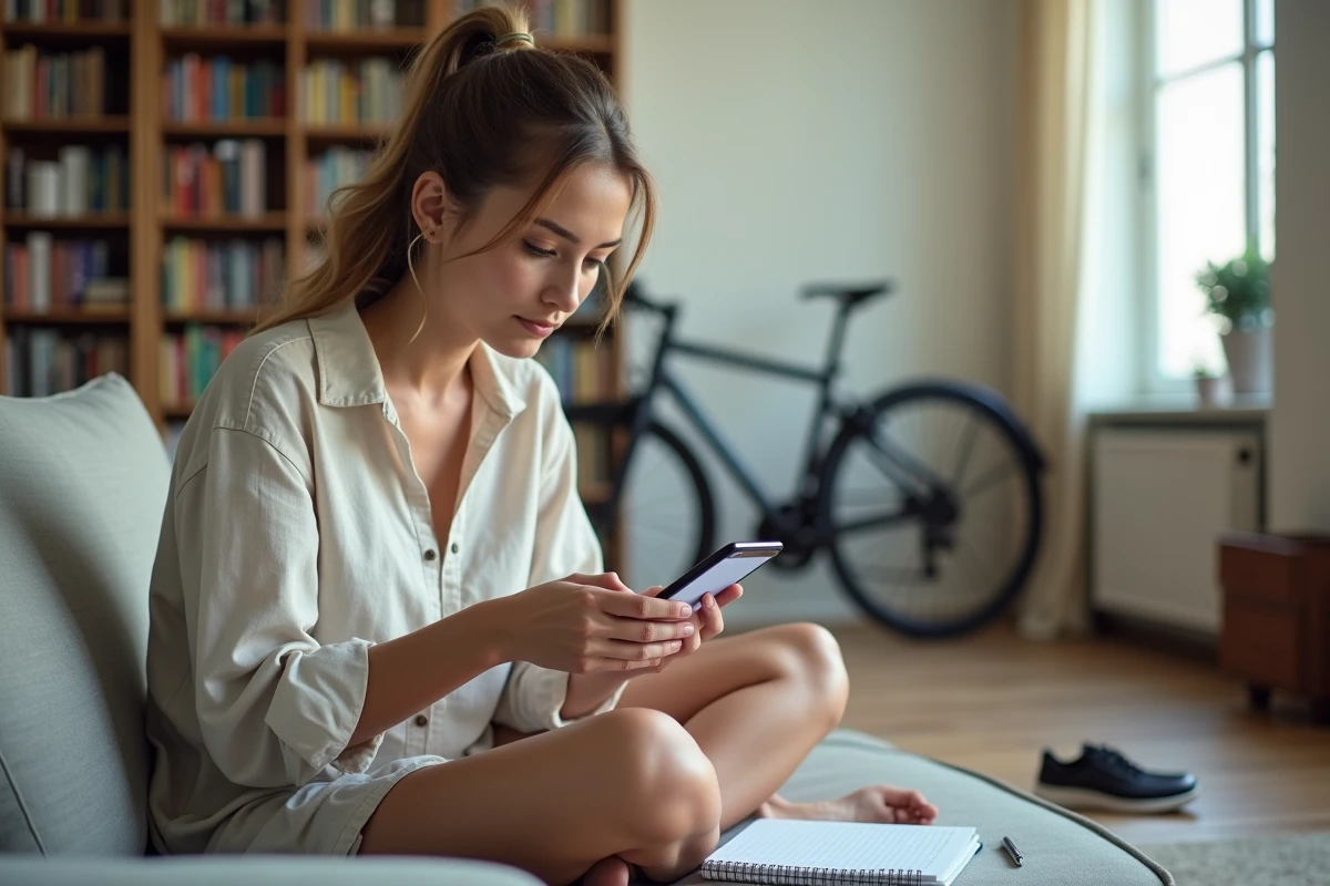 Jeune femme colocataire calculant sa part de loyer sur smartphone avec carnet de notes