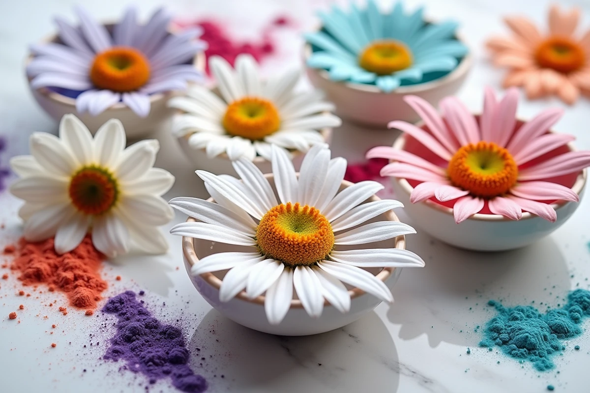 Gros plan de pétales de marguerites absorbant des colorants naturels dans des bols en céramique sur marbre blanc