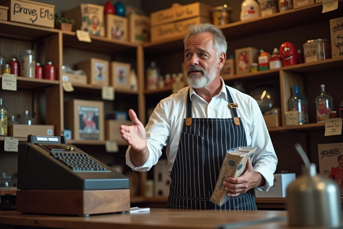 Commerçant bienveillant conseillant un client dans sa boutique de déguisements et articles de fête