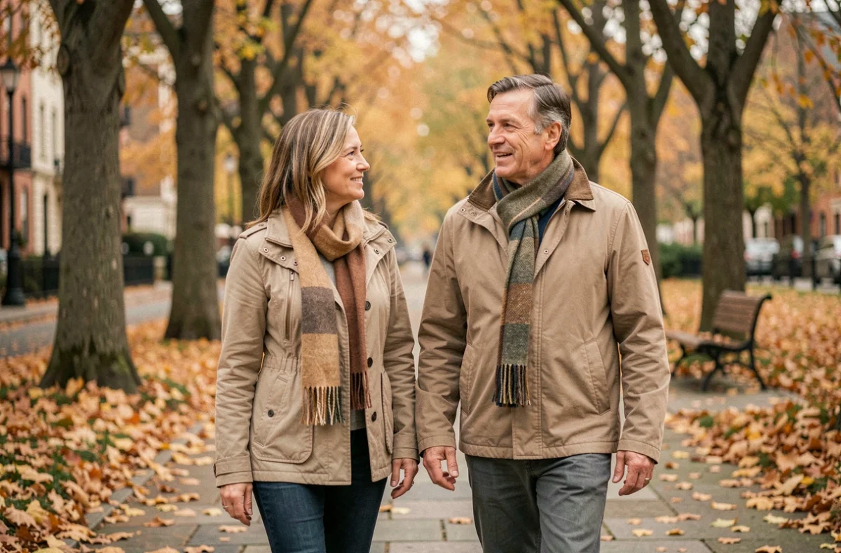 Couple marchant dans un parc en automne en se parlant avec attention et bienveillance, représentant l'écoute mutuelle et la connexion émotionnelle dans la vie de couple