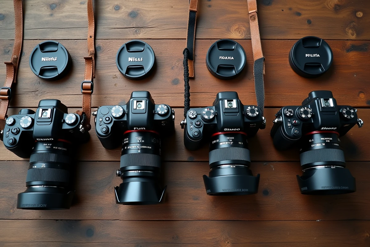Comparaison de plusieurs marques d'appareils photo professionnels posés sur une table en bois