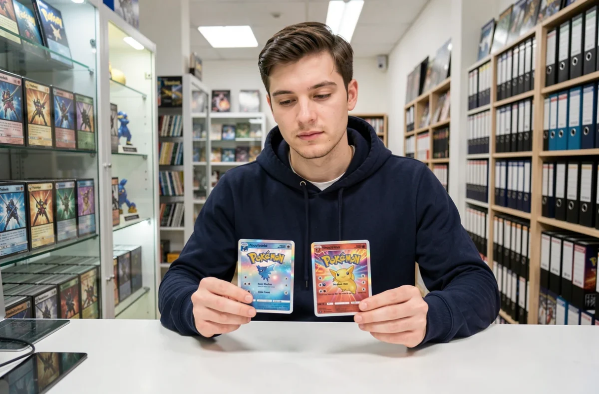 Comparaison côte à côte d'une vraie et d'une fausse carte Pokémon Aventure Ensemble sur un comptoir de boutique de cartes à collectionner