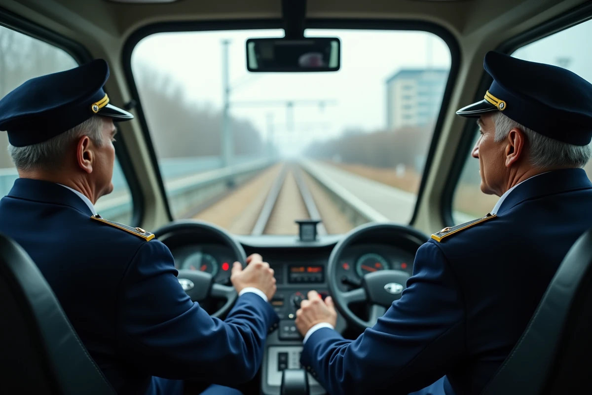 Conducteur de TGV aux commandes dans la cabine de pilotage, tableau de bord et voies ferrées visibles
