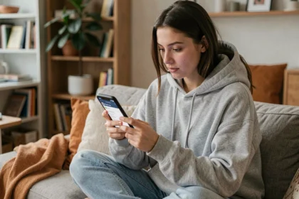 Jeune femme configurant les paramètres de confidentialité Snapchat sur son smartphone dans un appartement moderne