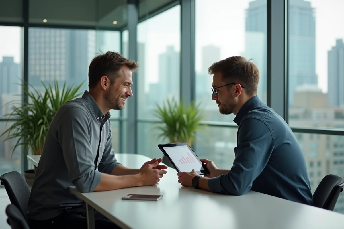 Homme discutant d'un accord de prêt numérique avec un conseiller fintech dans une agence bancaire moderne