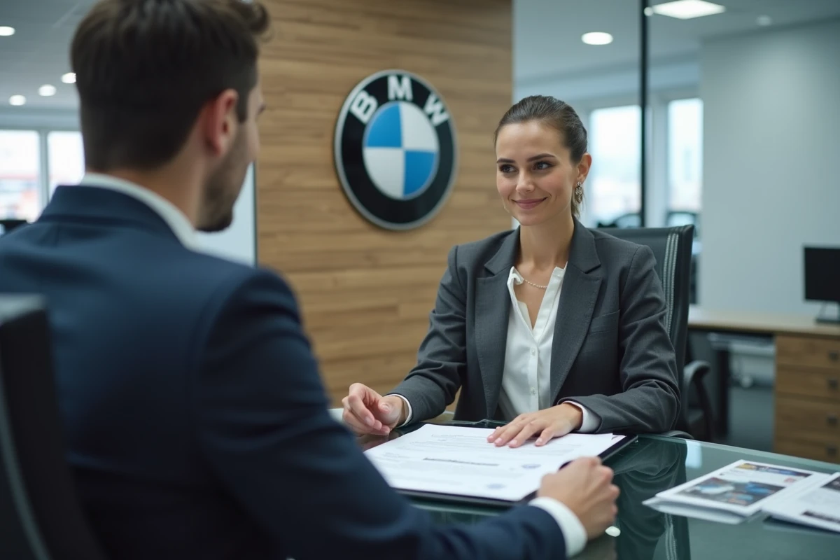 Conseillère commerciale BMW discutant d'une offre avec un client dans un bureau de vente privé de concession