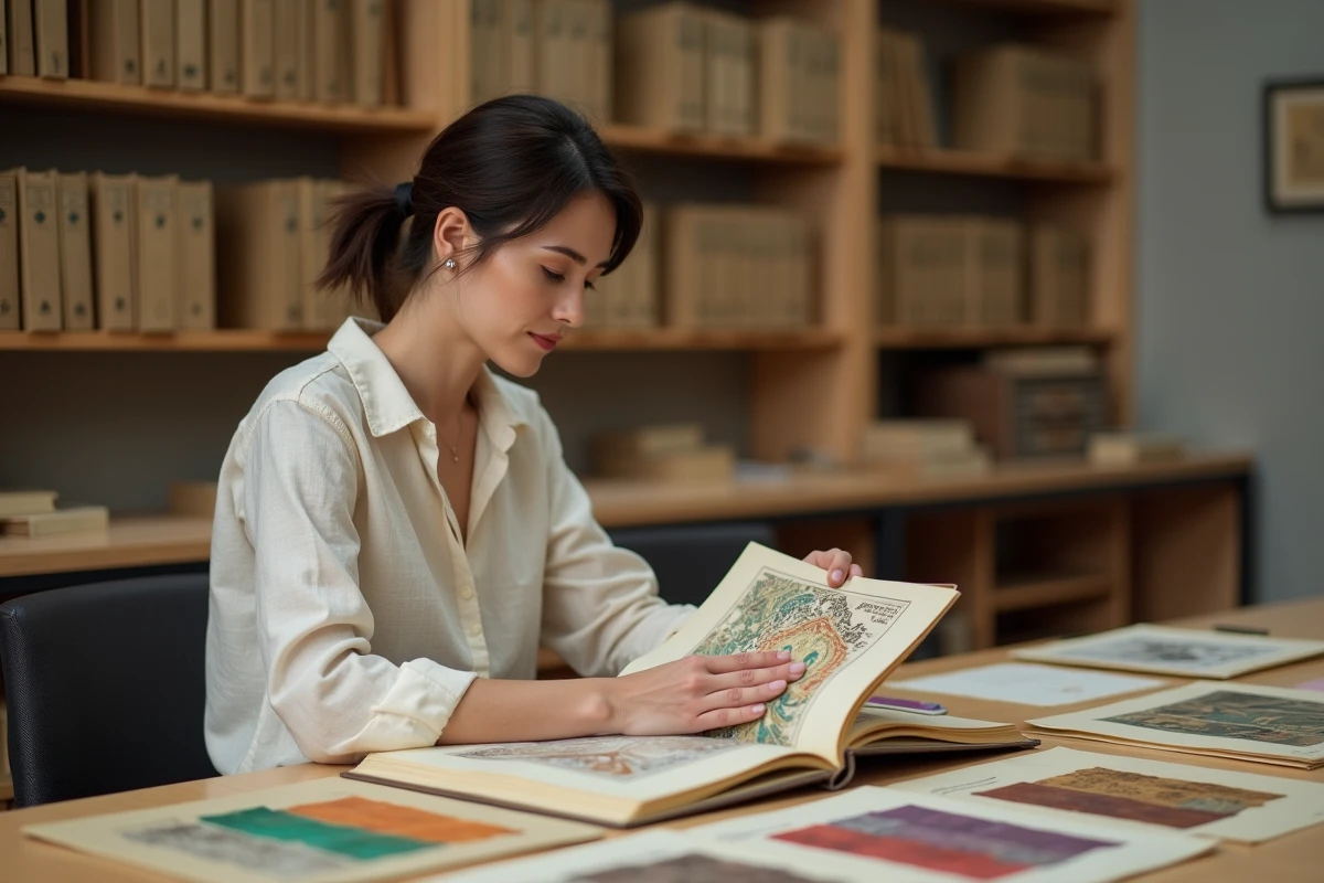 Conservatrice de musée étudiant des reproductions chromolithographiques Art nouveau avec échantillons de pigments et archives colorées