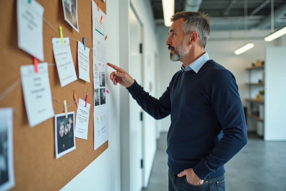 Homme devant un tableau de notes visualisant le processus de consolidation de la mémoire