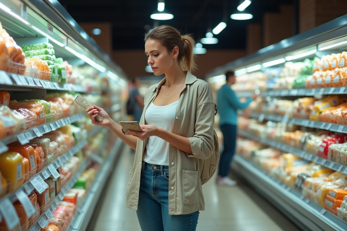 Femme comparant les étiquettes de prix dans un supermarché illustrant l'impact de l'inflation sur le pouvoir d'achat