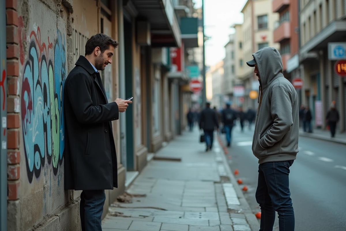 Contraste visuel entre deux hommes dans un quartier urbain défavorisé, symbolisant les inégalités économiques et sociales cumulées