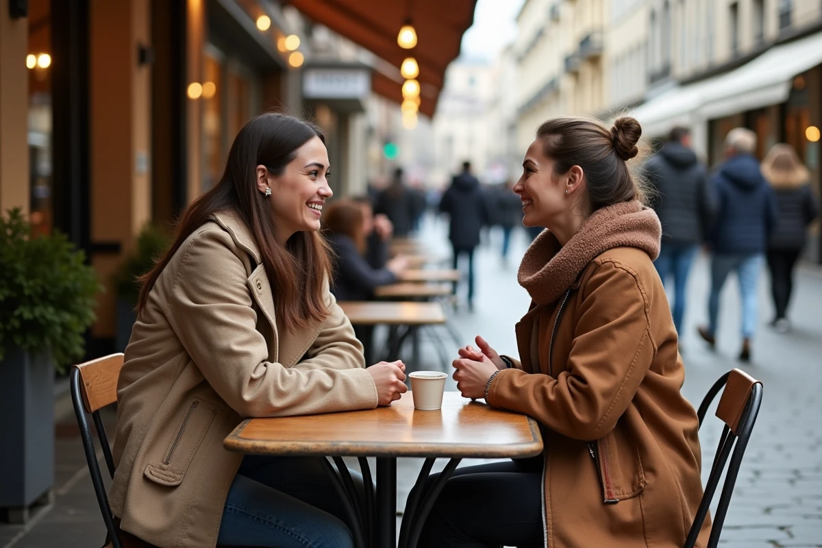 Deux femmes en conversation émotionnellement engagée dans un café en terrasse, illustrant l'empathie et la conscience émotionnelle interpersonnelle