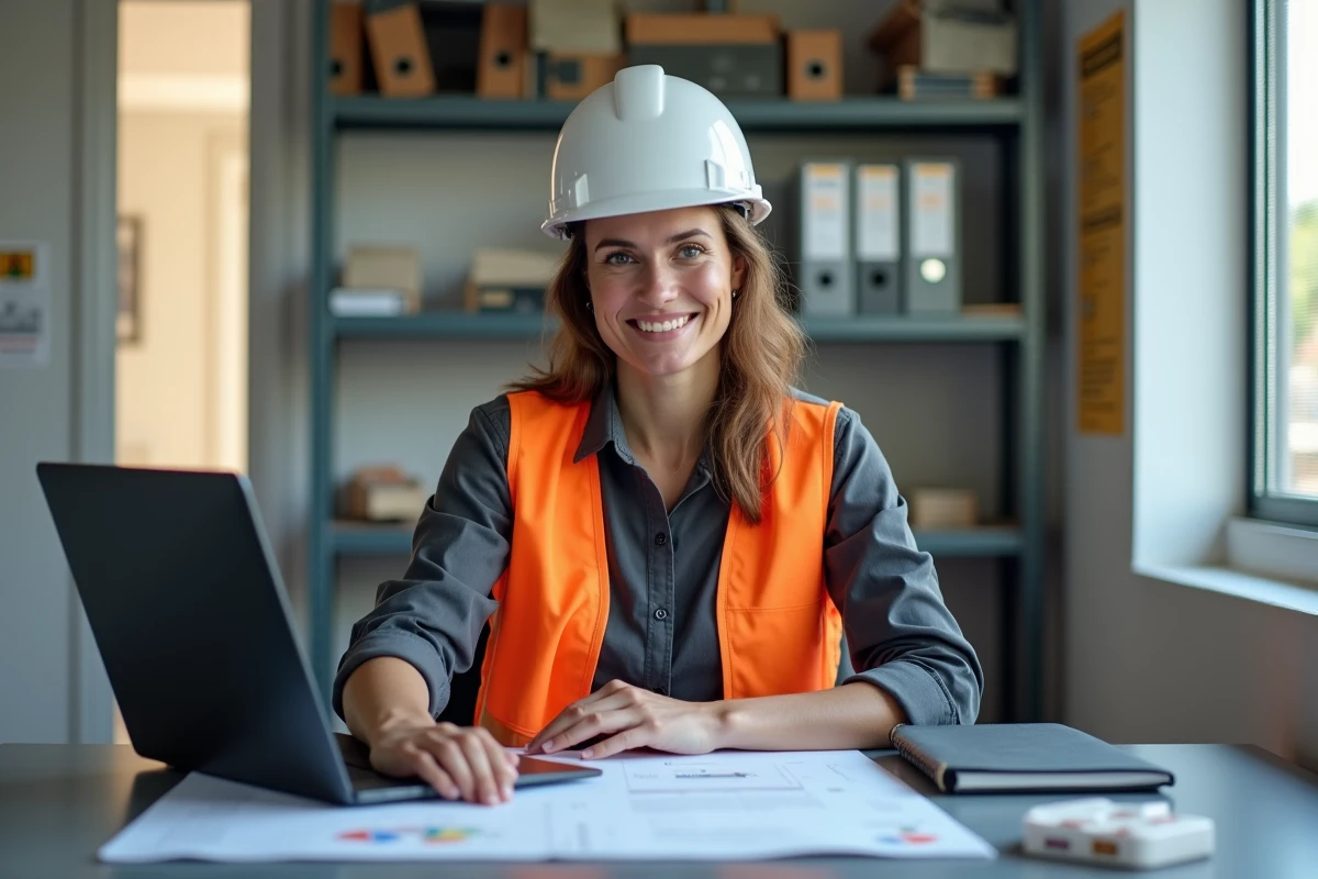Coordinatrice de projet sur chantier utilisant un logiciel de gestion sur ordinateur dans un bureau de chantier
