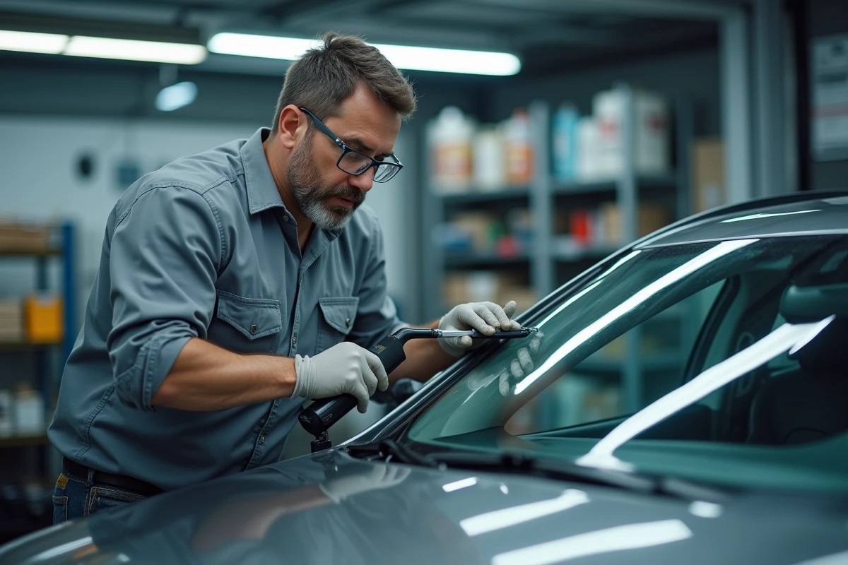 Spécialiste en vitrage automobile découpant le joint polyuréthane d'un pare-brise avec un couteau froid