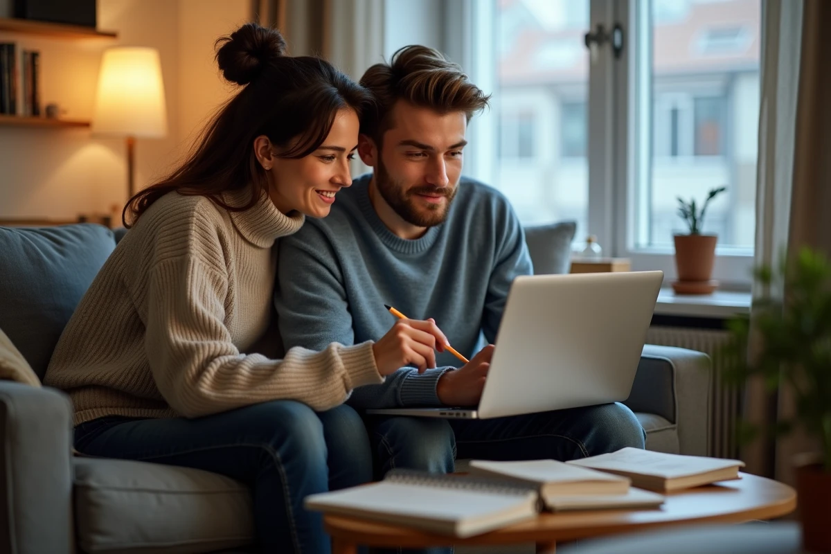 Jeune couple cherchant des solutions budgétaires ensemble sur un ordinateur portable