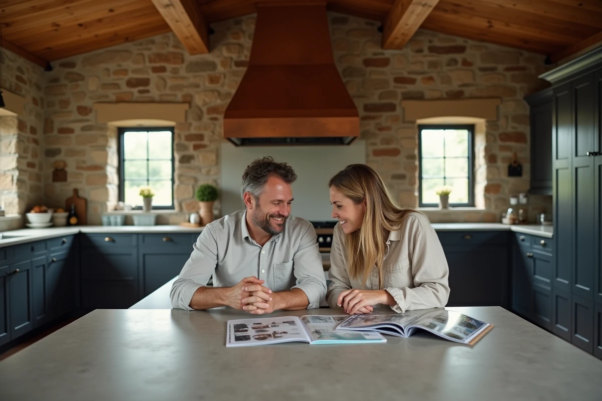 Couple choisissant leur cuisine haut de gamme dans une maison de caractère avec hotte en cuivre et meubles en chêne fumé