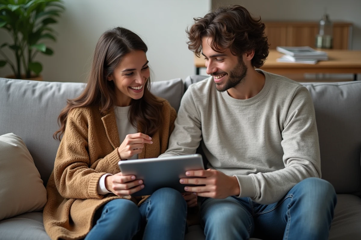 Couple planifiant un voyage et comparant des billets d'avion pas chers sur une tablette