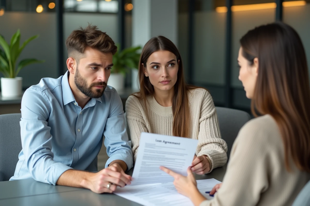 Couple consultant une conseillère bancaire pour comparer hypothèque et cautionnement hypothécaire dans une agence moderne