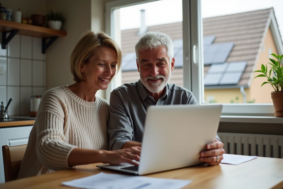 Un couple consulte leurs documents fiscaux et leur facture d'énergie liés à leurs panneaux solaires à la maison