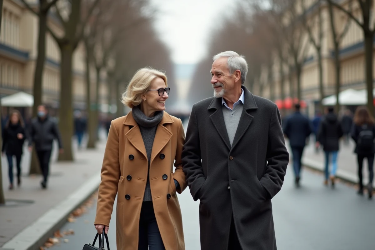 Couple élégant de sexagénaires marchant ensemble sur un boulevard parisien en automne, ambiance journalistique et vie publique