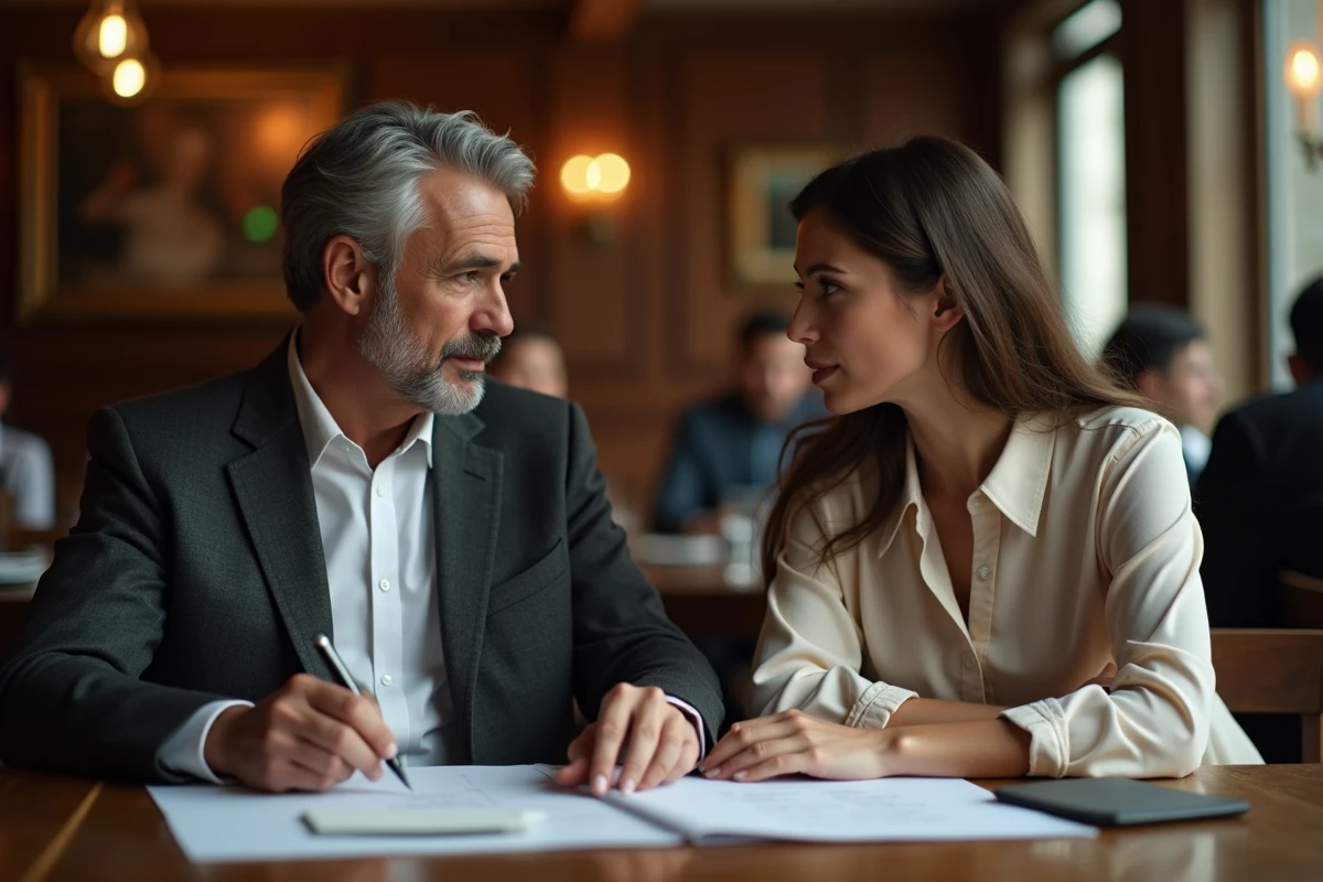 Couple connu du monde médiatique partageant un moment discret dans une brasserie parisienne chic
