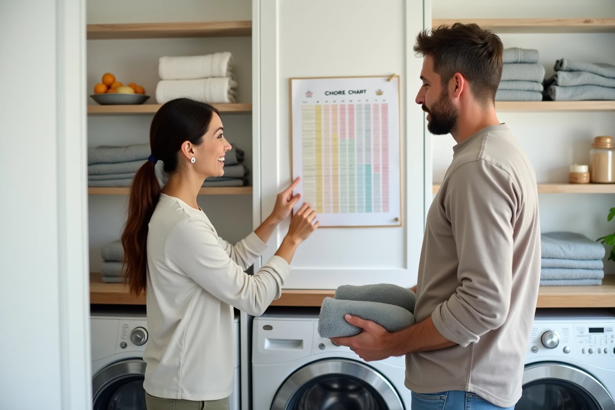 Couple organisant ensemble les tâches ménagères avec un tableau de planification coloré affiché dans la buanderie