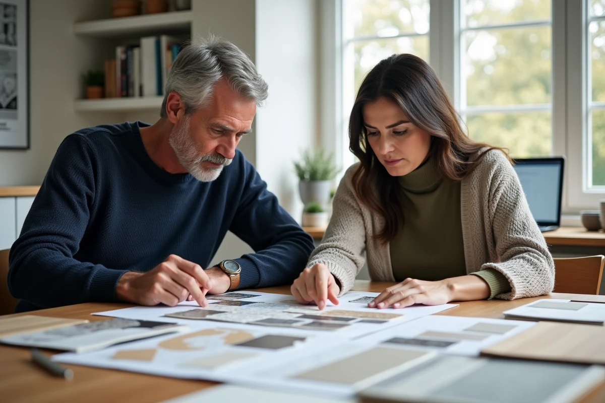Couple étudiant des échantillons de matériaux et des brochures pour planifier une rénovation globale de leur maison