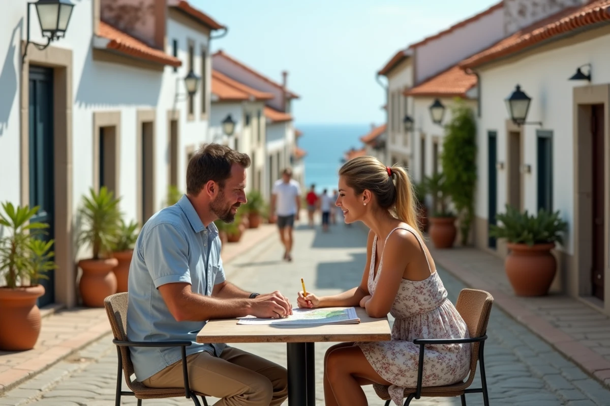 Couple consultant une carte dans un café en bord de mer au Portugal, envisageant une relocalisation climatique dans une ville côtière tempérée
