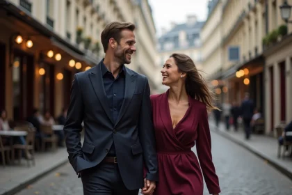 Couple élégant et discret se promenant dans une rue parisienne, illustrant un duo de stars de la télévision et du cinéma