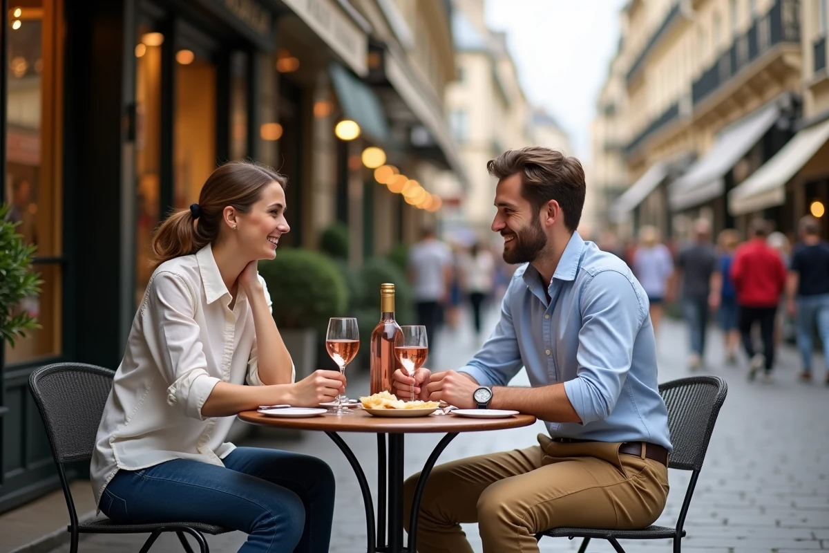 Couple de touristes dégustant du vin rosé en terrasse dans une rue piétonne animée d'une ville française