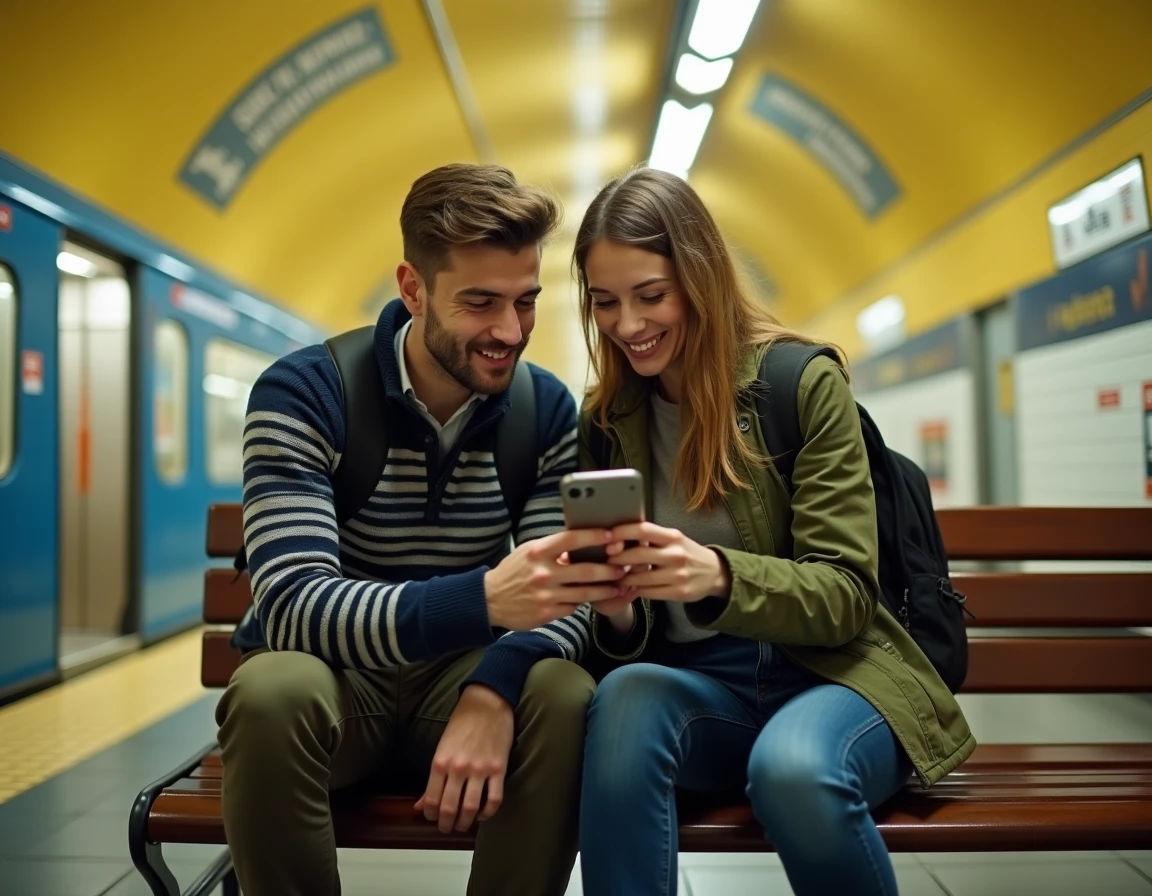 Couple de touristes consultant leur smartphone sur le quai d'une station de métro à Paris