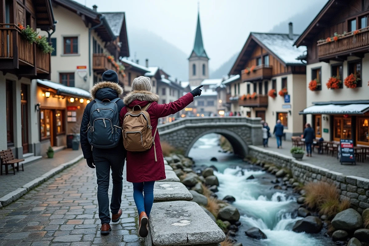 Couple explorant un village de montagne en Savoie en hiver