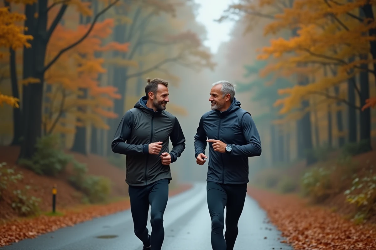 Deux coureurs discutant de la conversion des allures en miles et kilomètres lors d'un footing en forêt automnale