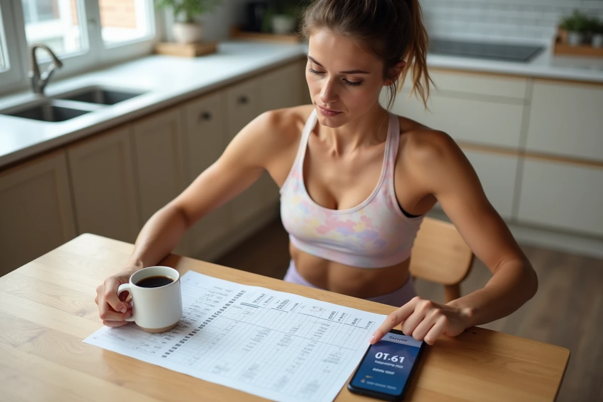 Coureuse analysant ses allures en miles et kilomètres avec un plan d'entraînement et une application mobile à la maison