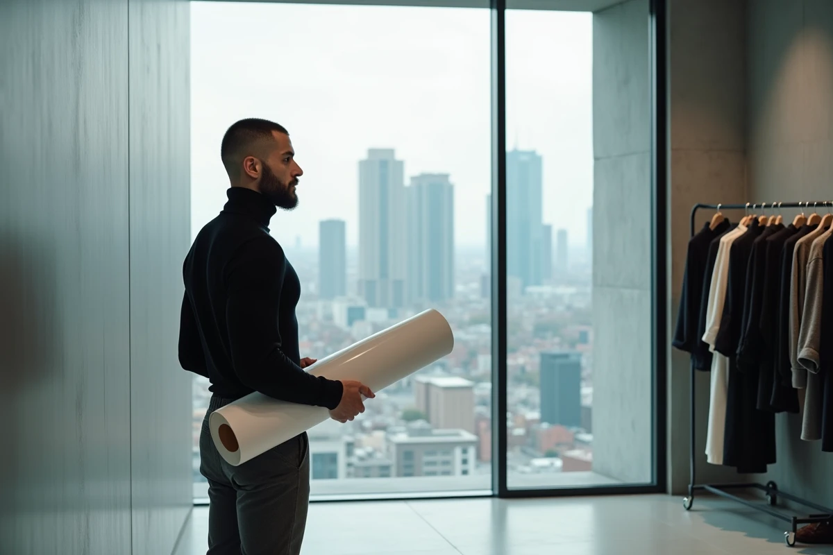 Créateur de mode contemporain dans un studio minimaliste avec vue sur la ville