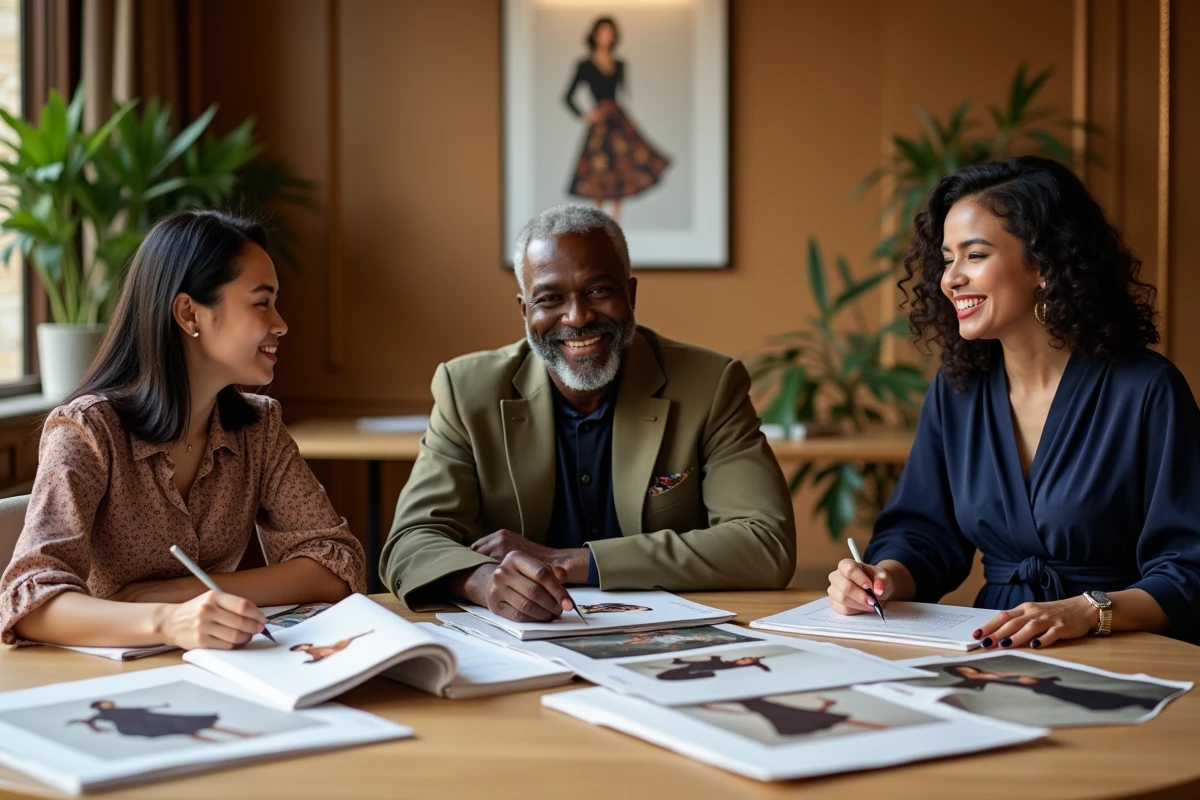 Trois créateurs de mode internationaux collaborant autour d'une table lors d'un sommet mondial de la mode