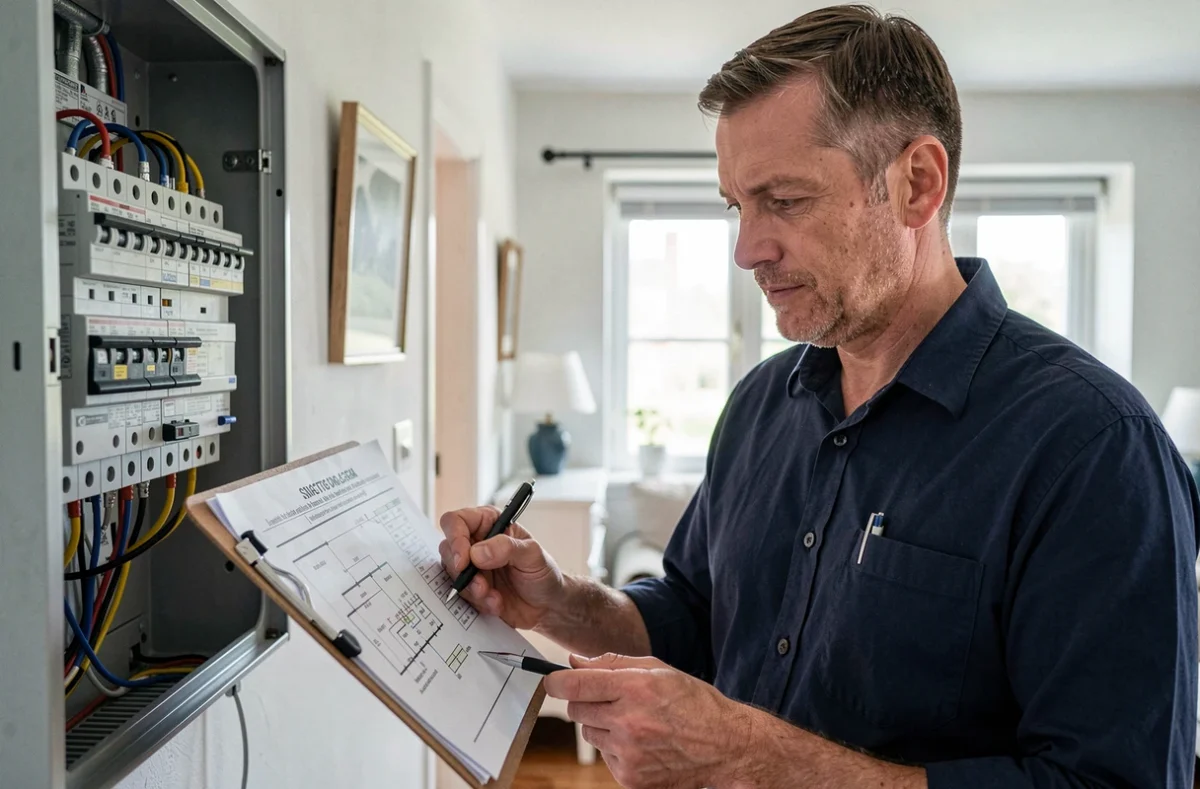 Électricien référencé De Pol Jean consultant des schémas électriques devant un tableau de distribution dans les Côtes-d'Armor