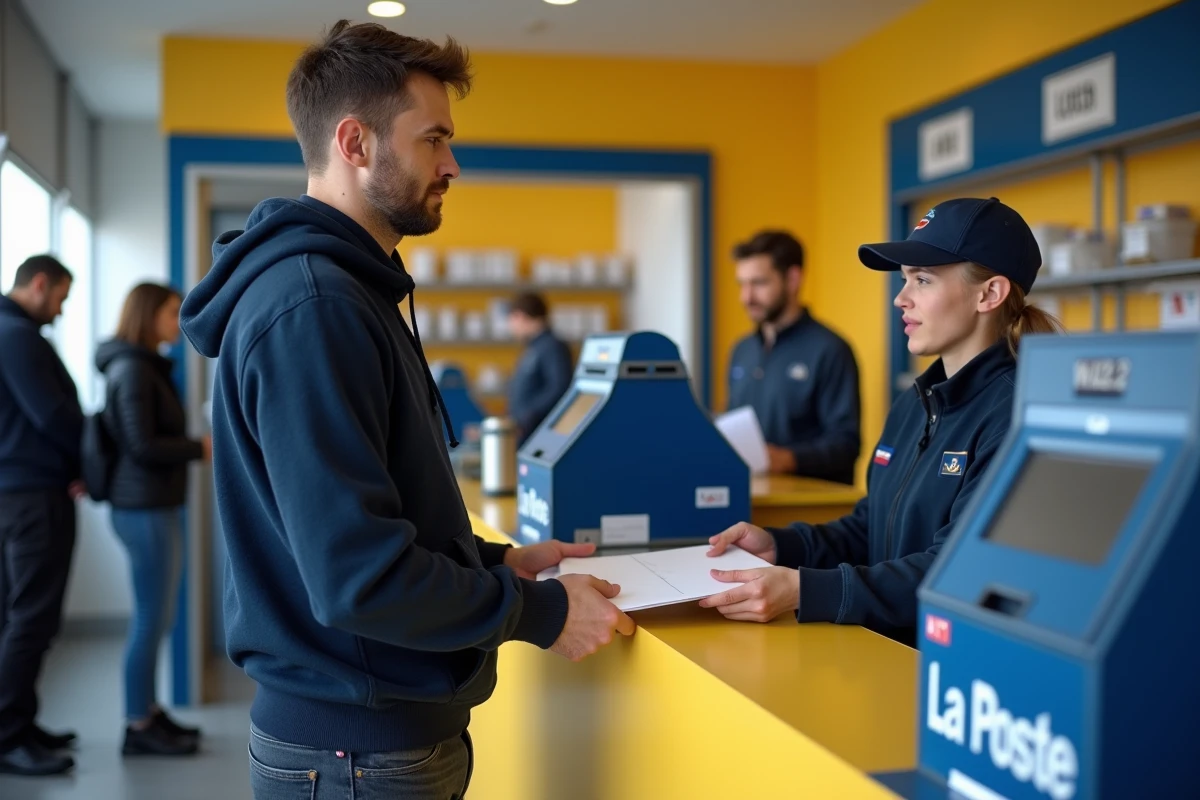 Homme déposant un courrier au guichet d'un bureau de La Poste en France