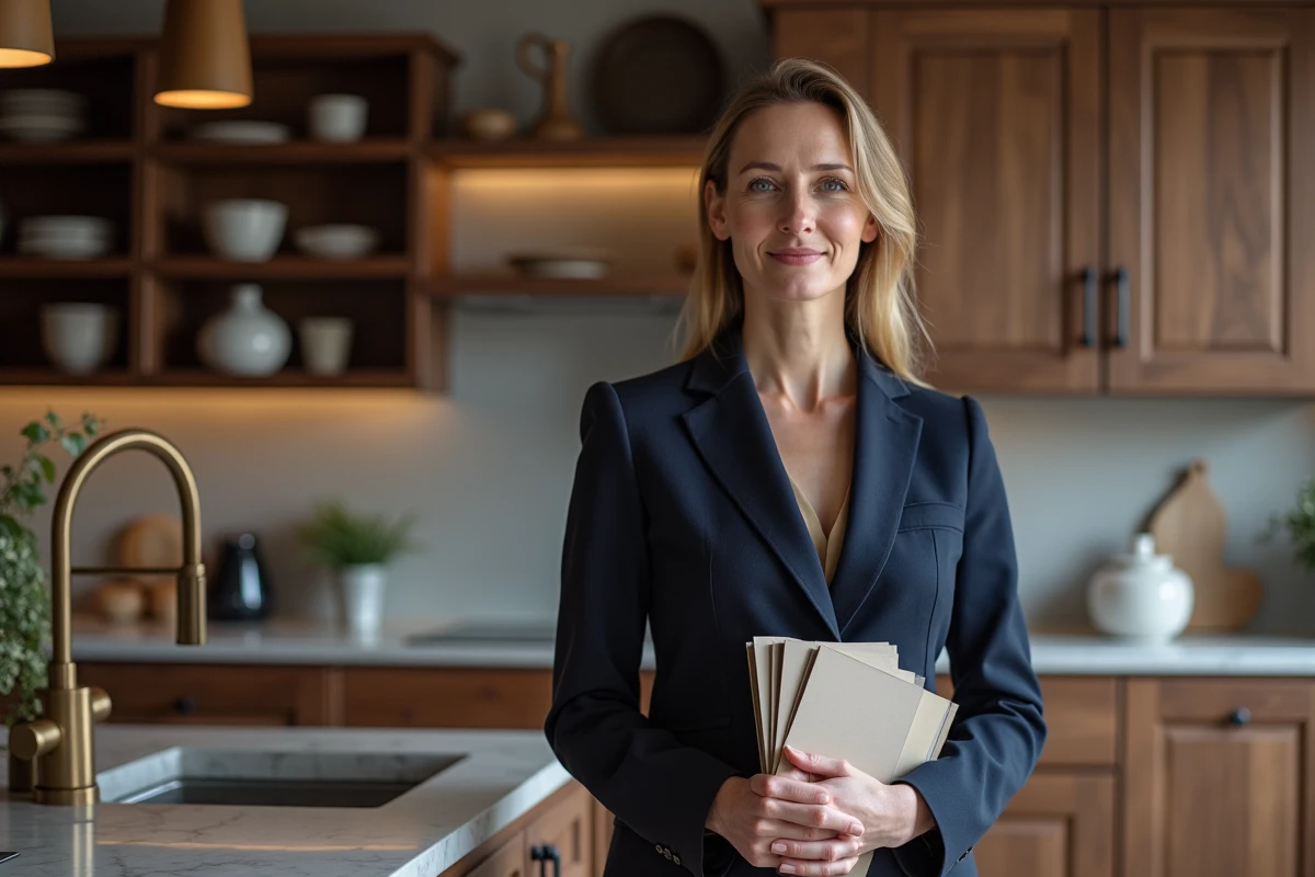 Designer de cuisine présentant des échantillons de matériaux dans un showroom de cuisines haut de gamme