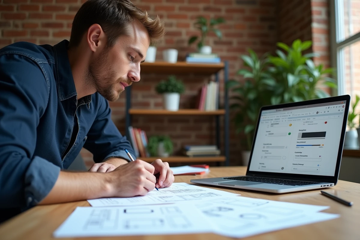 Designer annotant des maquettes d'interface utilisateur avec des composants UI affichés sur un ordinateur portable dans un studio créatif