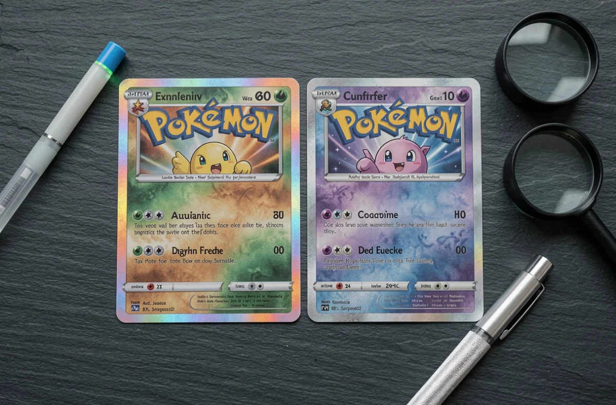 Vue macro de détails révélateurs entre une carte Pokémon Aventure Ensemble authentique et une contrefaçon, montrant les différences de texture et d'impression